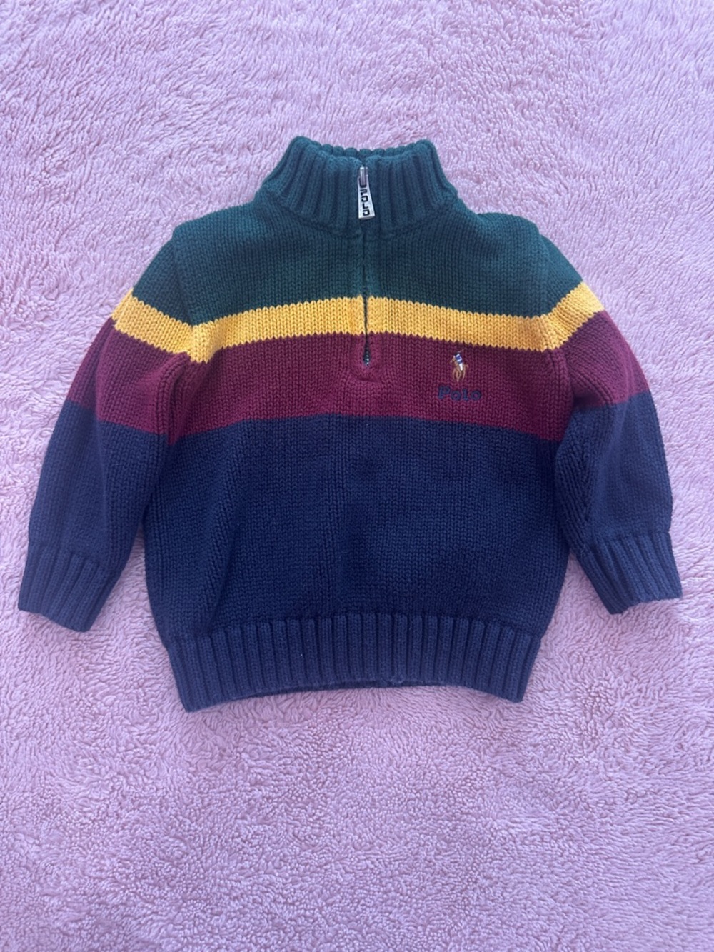 Baby Ralph Lauren Green/Yellow/Burgundy/Navy Striped Half-Zip Sweater